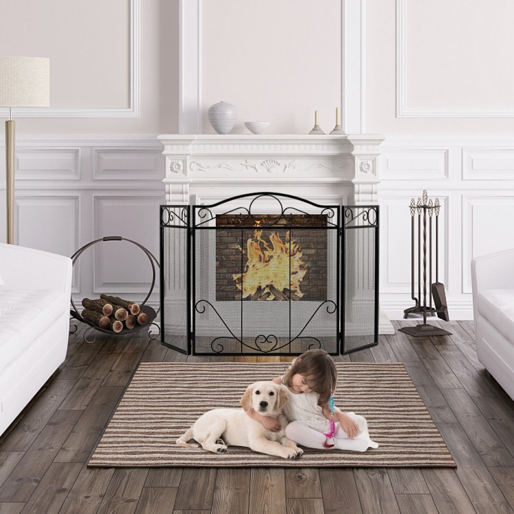 3-panel freestanding fireplace screen with scrollwork design, sturdy steel frame for safety around pets and children.
